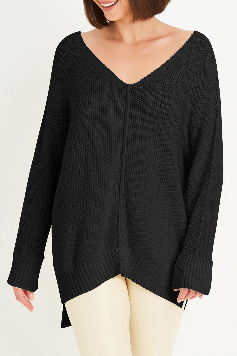 Planet by Lauren G Pima Cotton Pebble V Neck Sweater Black