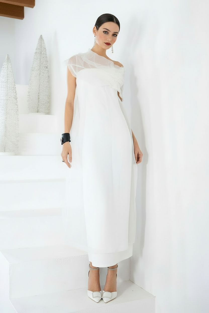 white silk organza dress Wedding dress Satin maxi dress with silk organza petals RASARIO Online Boutique 44 (FR)