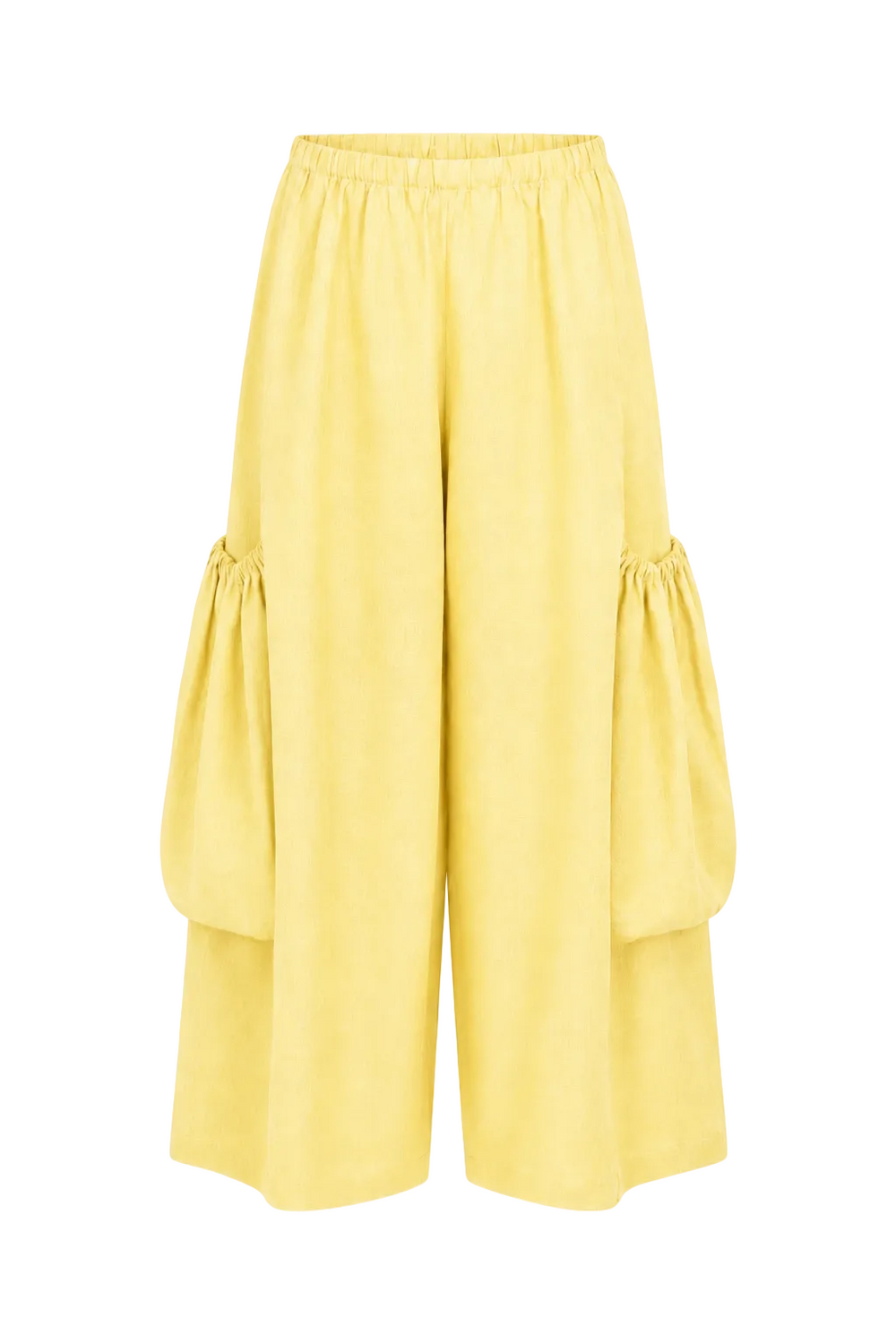 Yellow wide-leg cropped pants with gathered balloon details on the outer sides, shown against a plain white background.