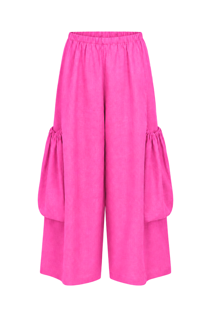 Linen Big Pocket Pants - Fuchsia