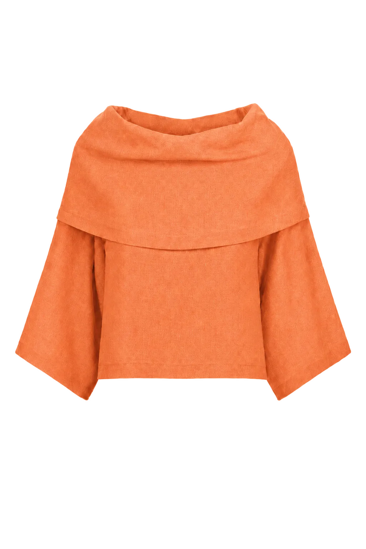 Orange linen top with a layered design on a white background