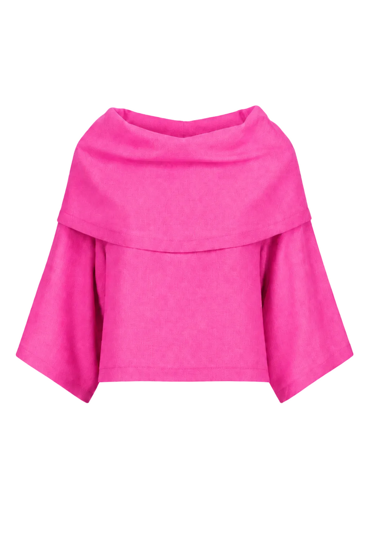 Pink 100% linen top with a layered design on a white background