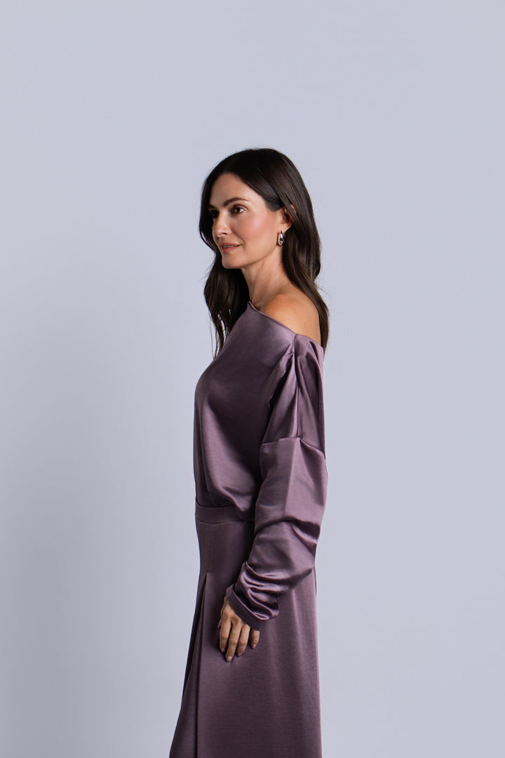 Women's Sateen Evening Tee in Amethyst by PLANET, on model