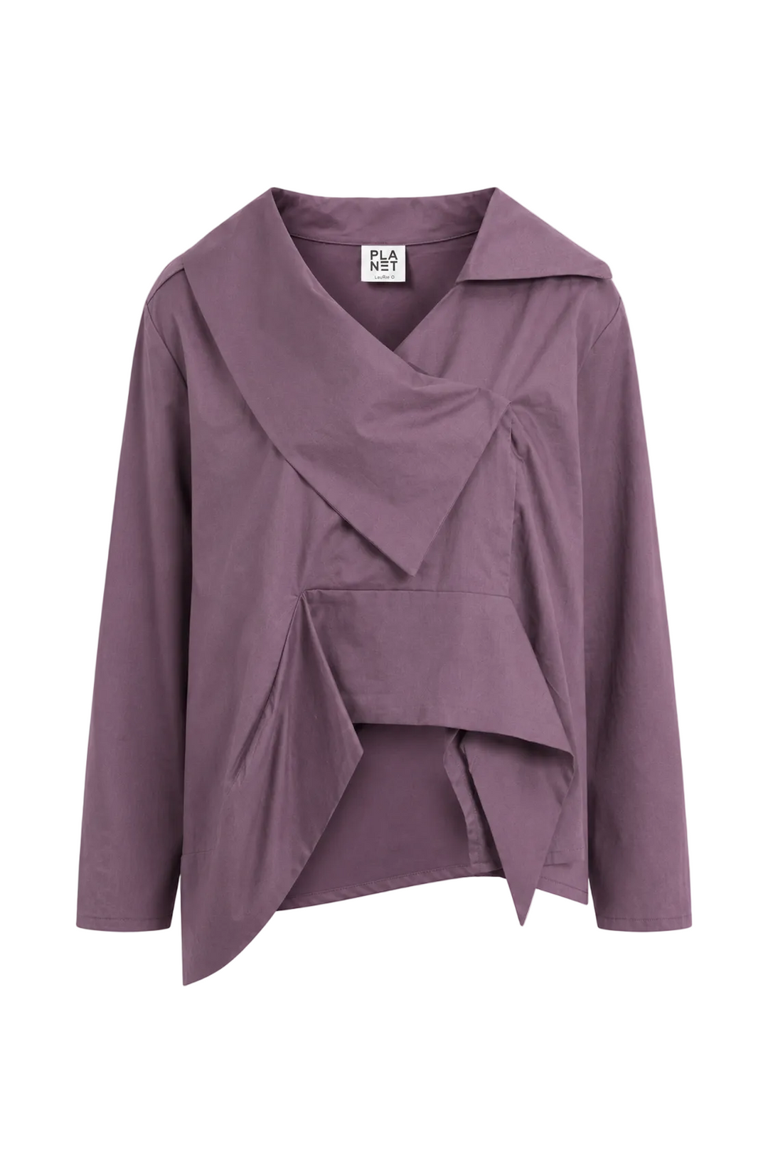 A 100% cotton dusty purple long-sleeve top with an asymmetrical draped wrap design and a front pocket, shown against a plain white background.