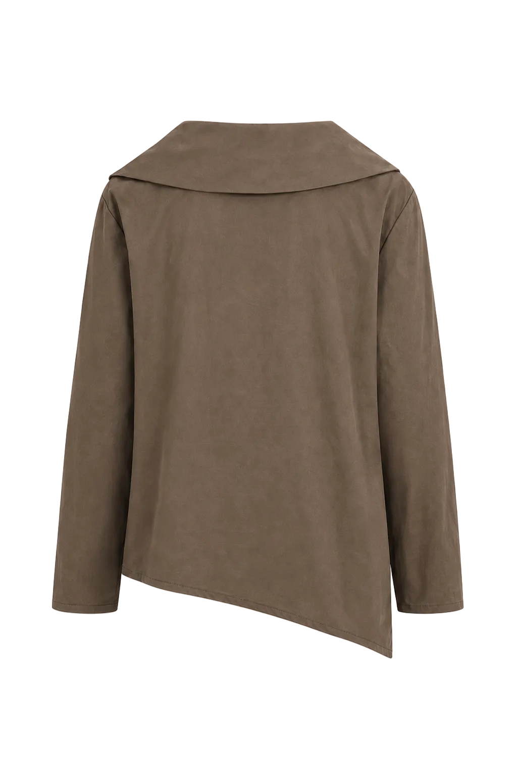 A 100% cotton taupe-brown long-sleeve asymmetrical jacket with a wide collar, shown from the back on a plain white background.