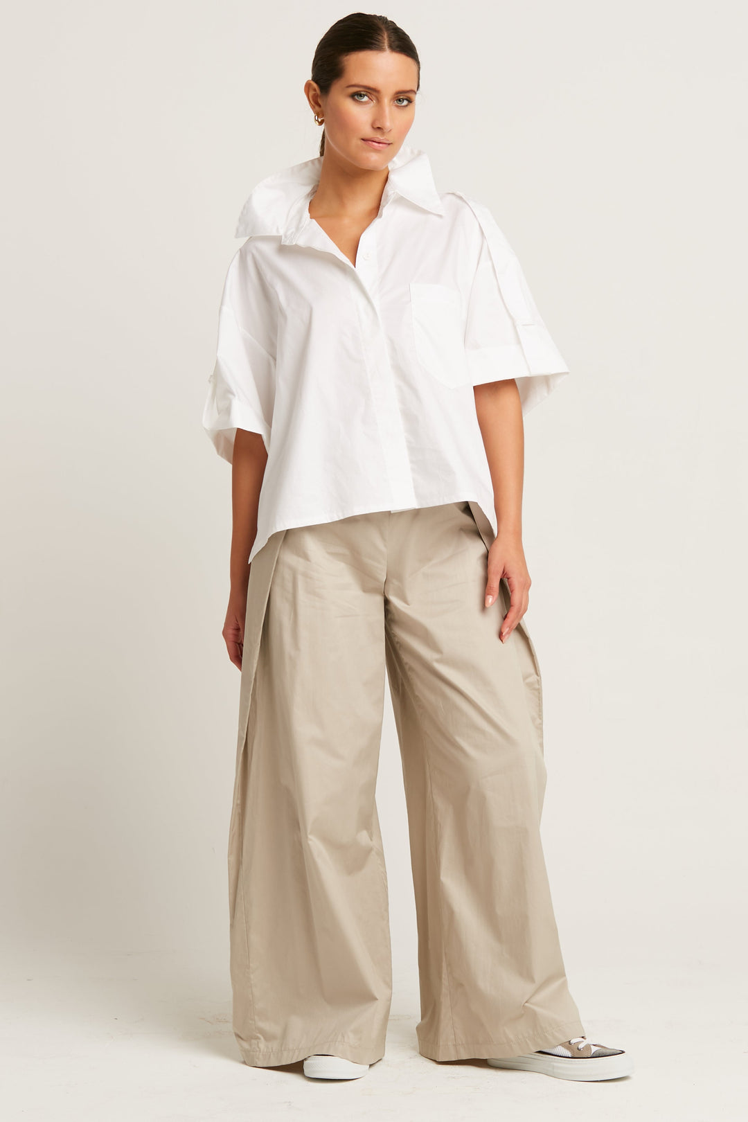 Cotton Tab Sleeve Shirt - White