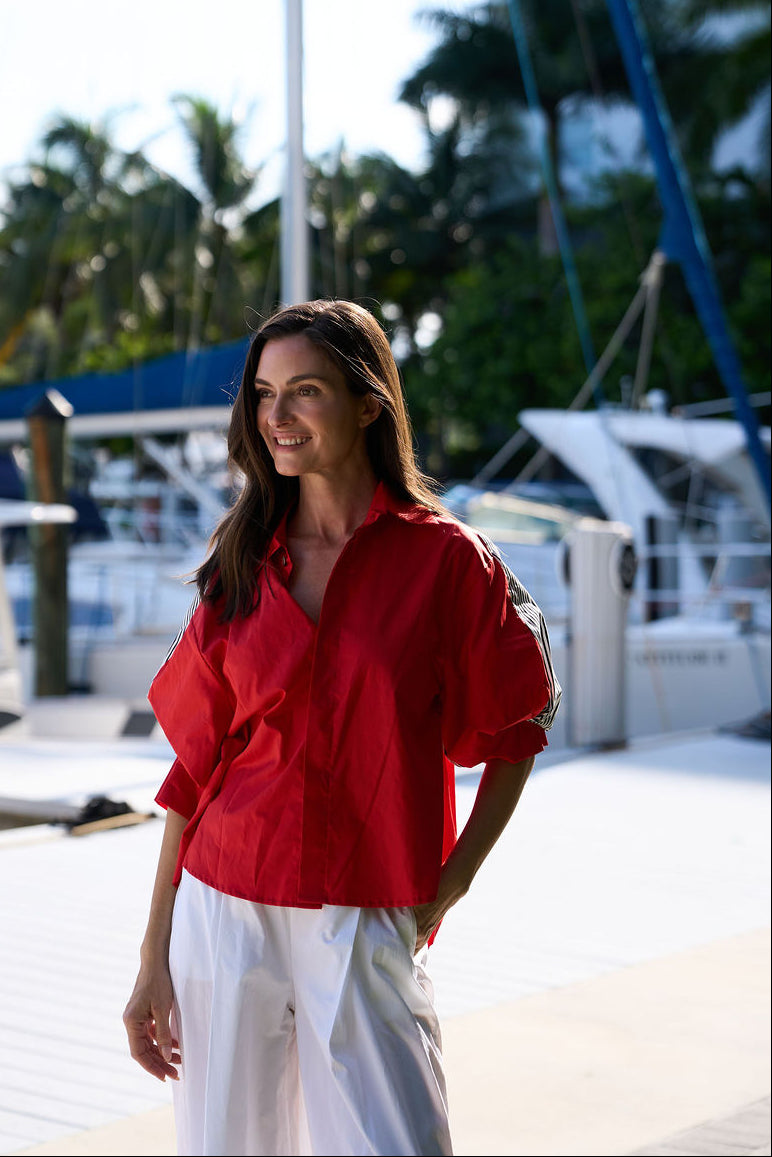 Cotton Balloon Sleeve Shirt - Cherry/Bold Stripe
