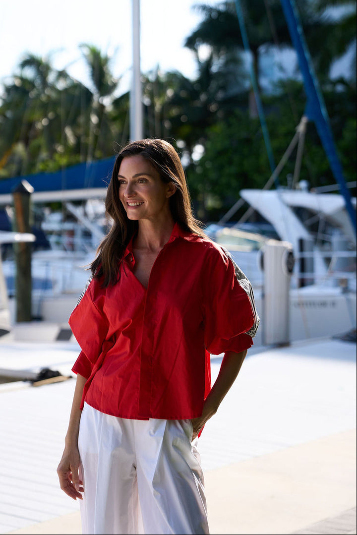 Cotton Balloon Sleeve Shirt - Cherry/Bold Stripe