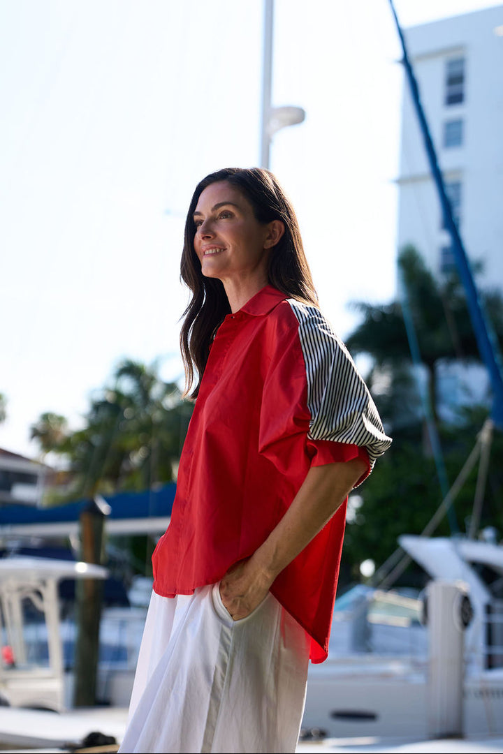 Cotton Balloon Sleeve Shirt - Cherry/Bold Stripe