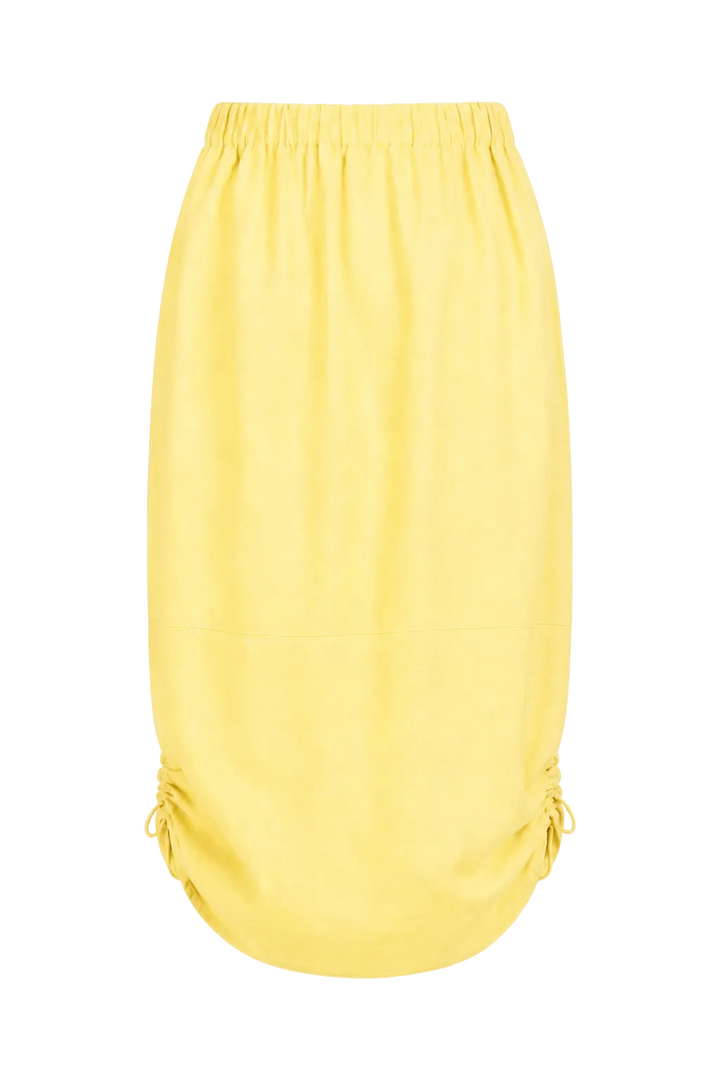 A light yellow 100% linen midi skirt with an elastic waistband and gathered side ties, shown against a plain white background.