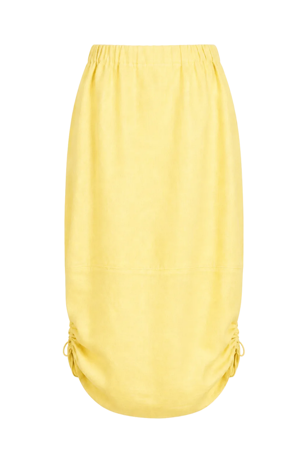 A light yellow 100% linen midi skirt with an elastic waistband and side tie details, shown against a plain white background.