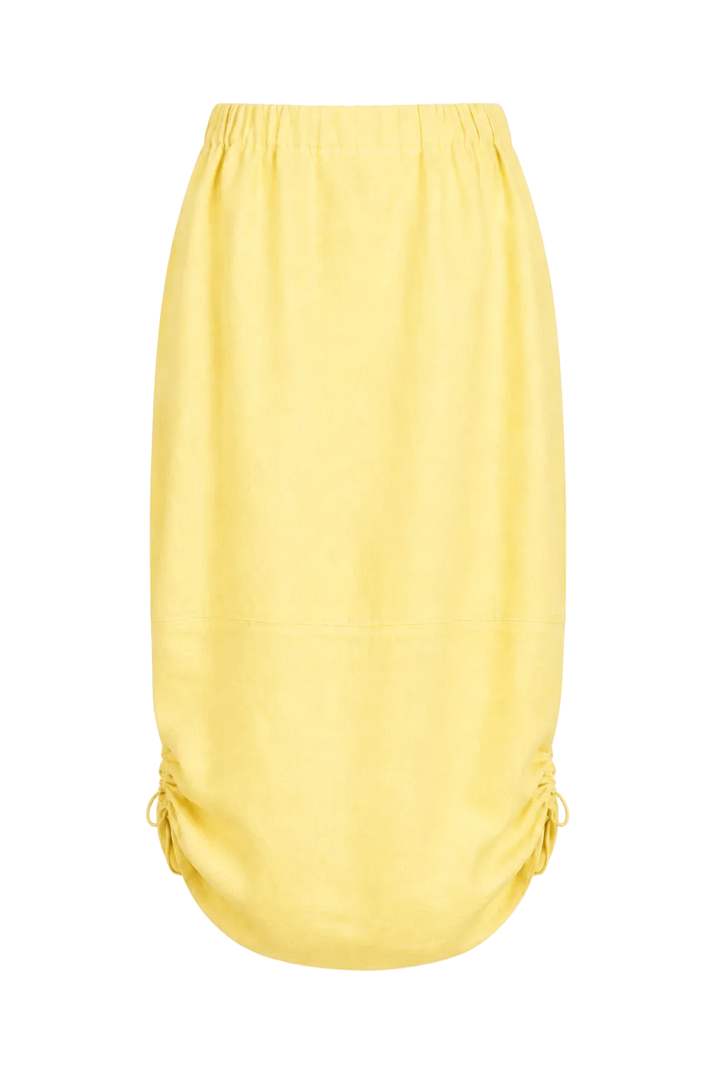 A light yellow 100% linen midi skirt with an elastic waistband and side tie details, shown against a plain white background.