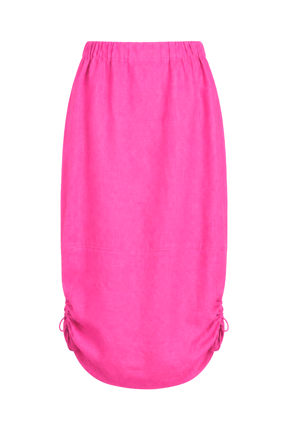 A bright pink 100% linen midi skirt with an elastic waistband and side drawstring details, shown against a plain white background.