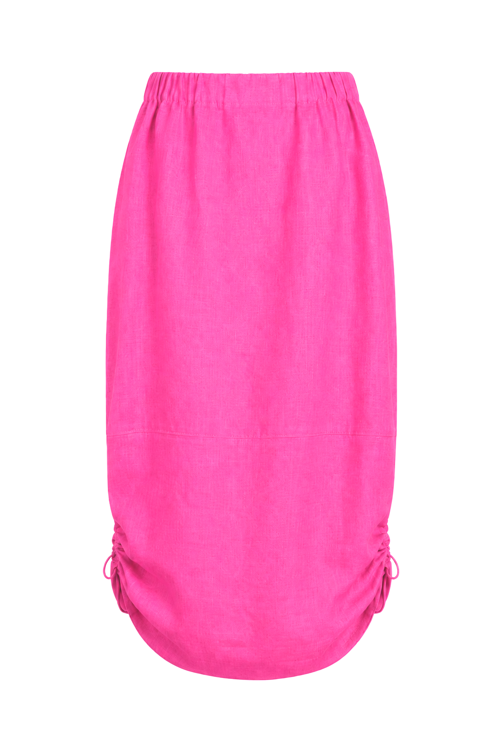 A bright pink 100% linen midi skirt with an elastic waistband and side drawstring details, shown against a plain white background.