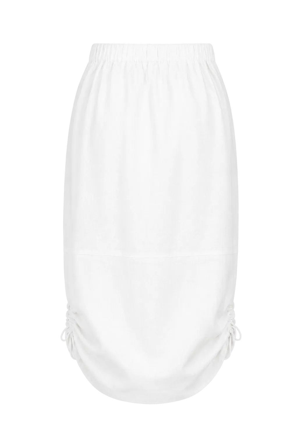 A white high-waisted 100% linen skirt with an elastic waistband and side tie details, shown against a plain white background.
