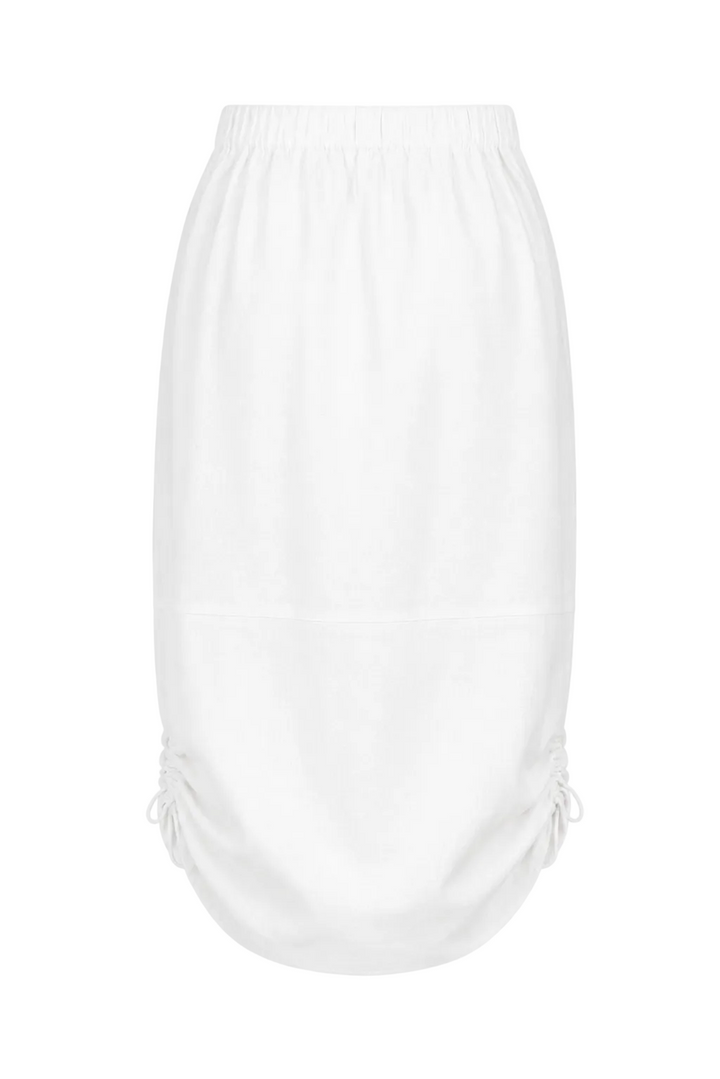 A white high-waisted 100% linen skirt with an elastic waistband and side tie details, shown against a plain white background.