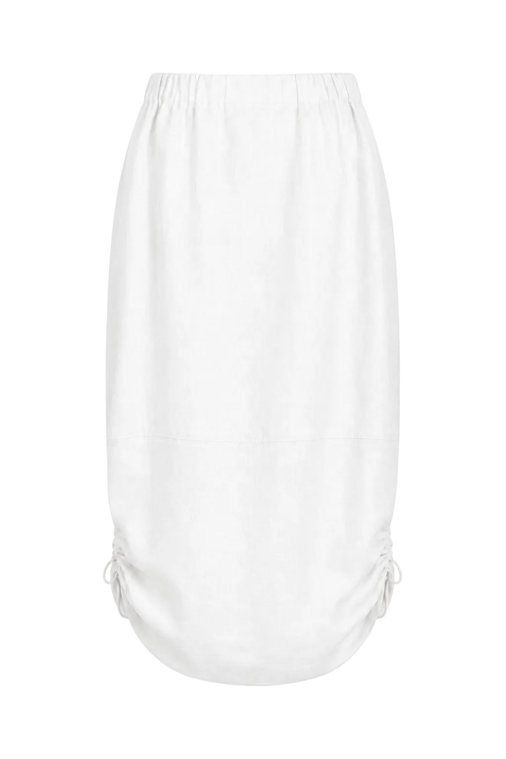 A white 100% linen midi skirt with an elastic waistband and side tie details, shown against a plain white background.