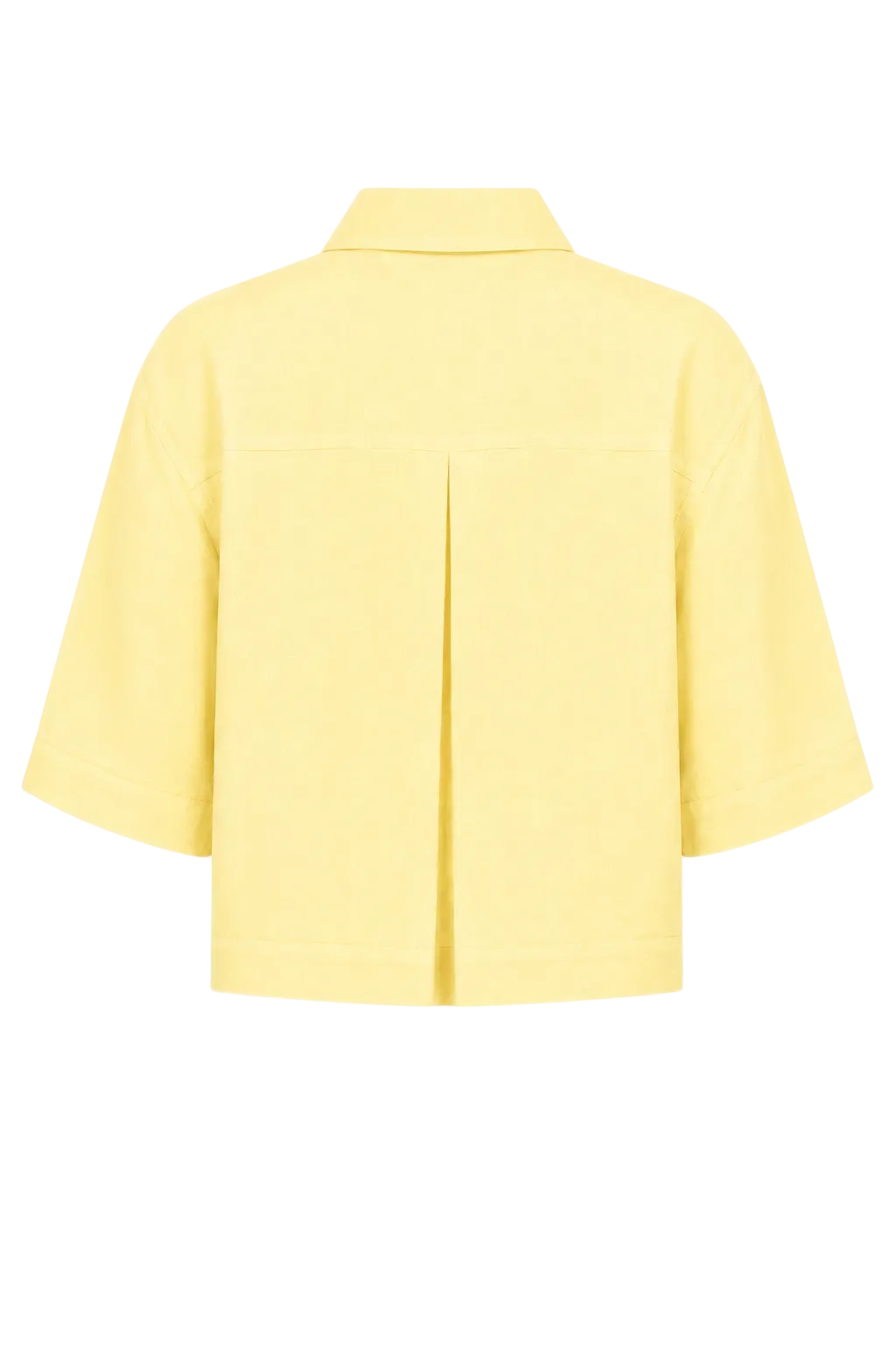 A 100% linen pale yellow short-sleeve collared shirt shown from the back, featuring a central vertical pleat, on a solid white background.