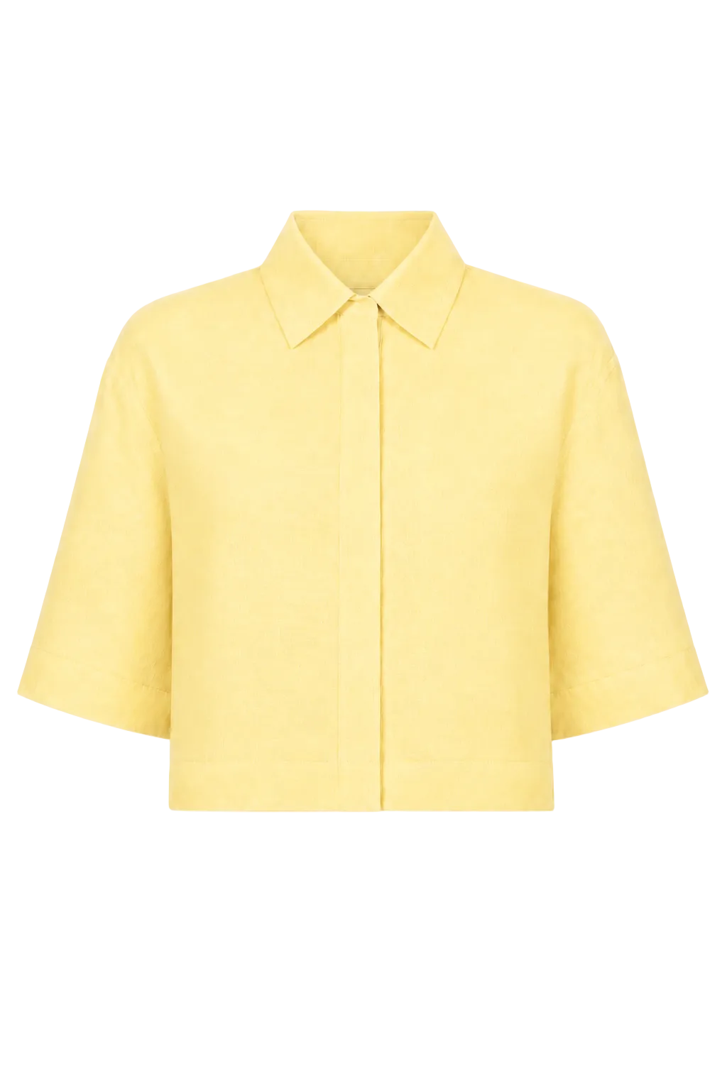 A 100% linen pale yellow cropped short-sleeve collared jacket with a button front, displayed on a clean white background.