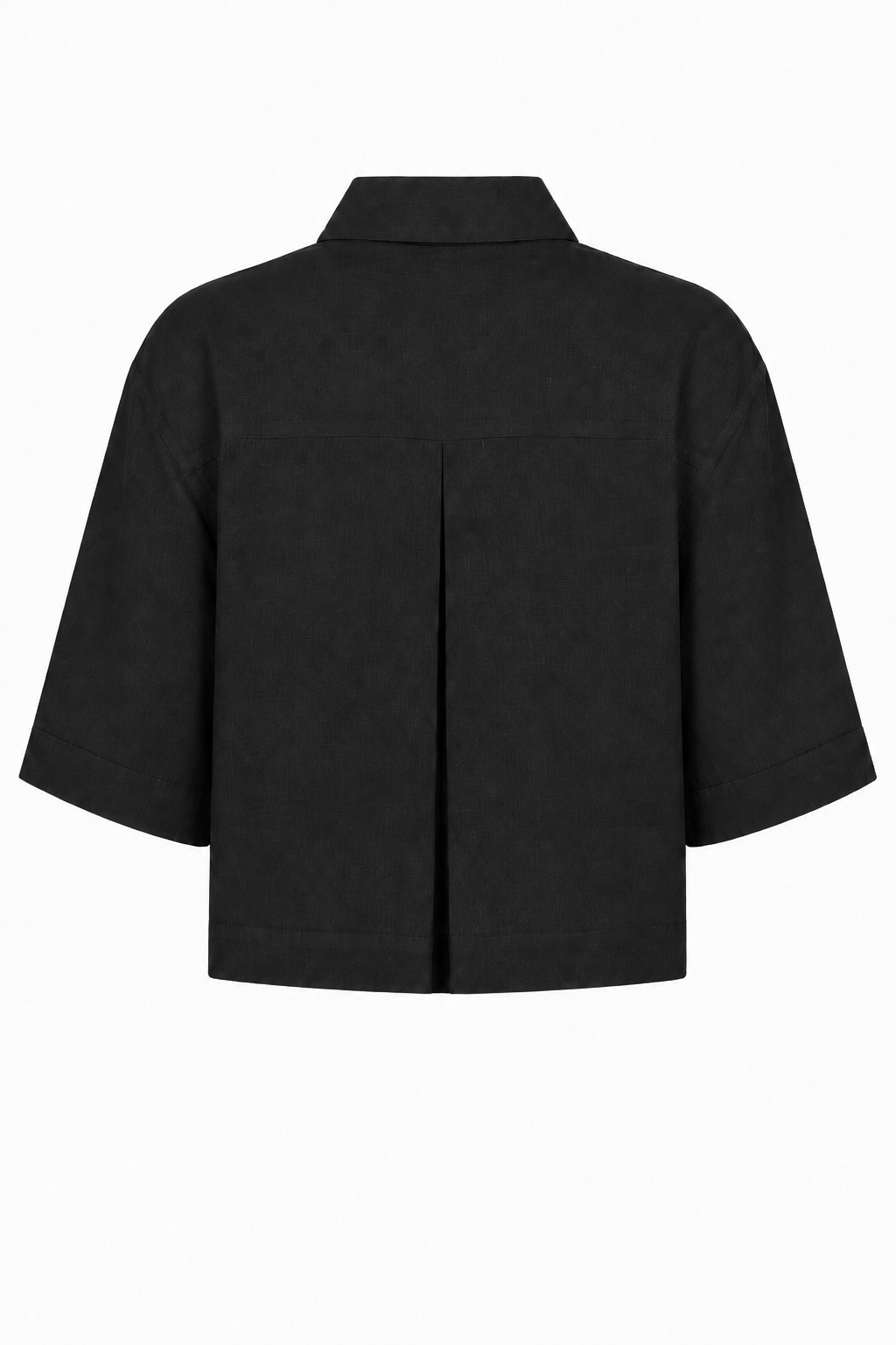 A black short-sleeve cropped jacket with a pointed collar and a central front seam, shown from the back on a plain white background.