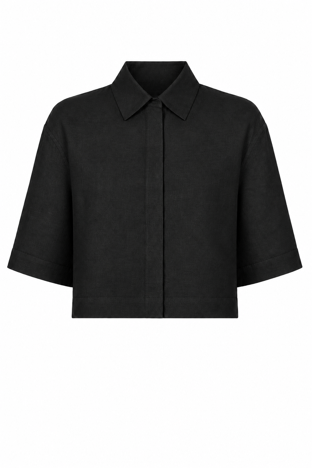 A 100% linen black short-sleeve collared shirt jacket with a button-down front, displayed on a solid white background.