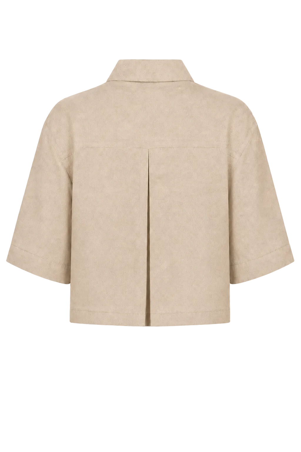 A 100% linen beige cropped jacket with short sleeves, a pointed collar, and a central front pleat, shown from the back on a plain white background.