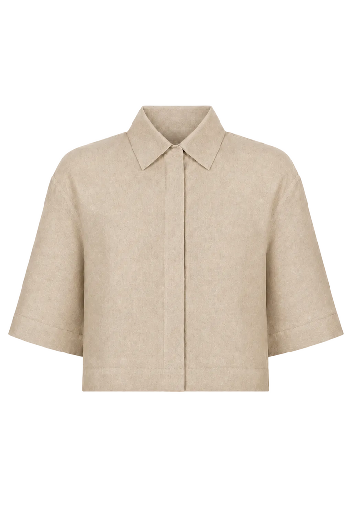 A 100% cropped short-sleeve collared jacket in a light beige or sand color, shown against a plain white background.