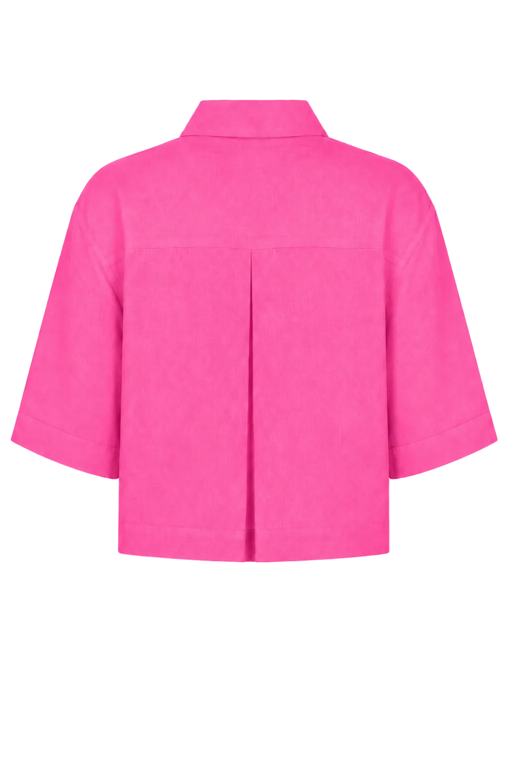 Bright pink short-sleeve 100% linen cropped shirt with a pointed collar and front pleat detail, shown from the back on a white background.
