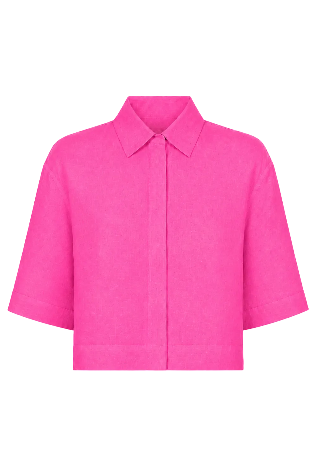 A bright pink short-sleeve 100% linen collared shirt jacket with a button-down front, displayed on a clean white background.