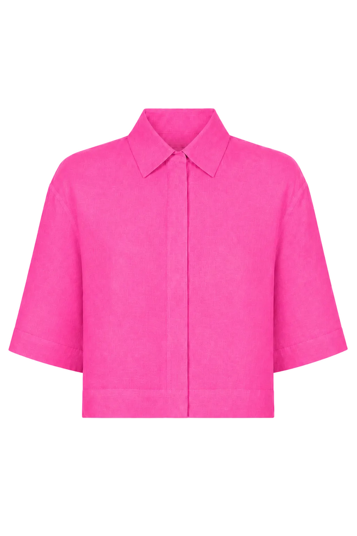 A bright pink short-sleeve 100% linen collared shirt jacket with a button-down front, displayed on a clean white background.