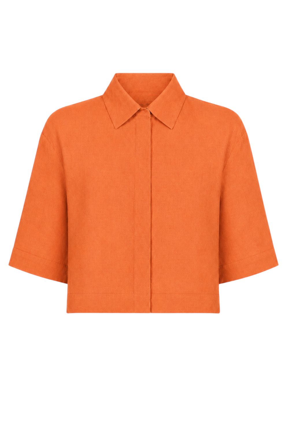 An orange short-sleeve 100% linen collared shirt jacket with a structured front, displayed on a clean white background.
