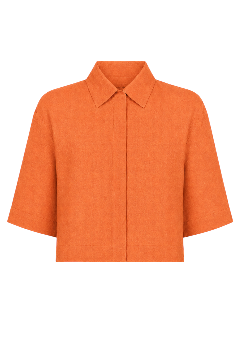 An orange short-sleeve 100% linen collared shirt jacket with a structured front, displayed on a clean white background.