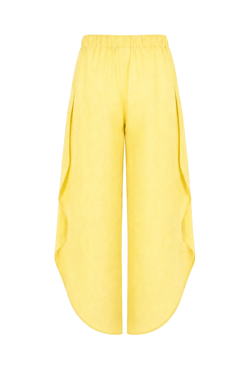 100% Linen Yellow wide-leg cropped pants with an elastic waistband, displayed on a clean white background.