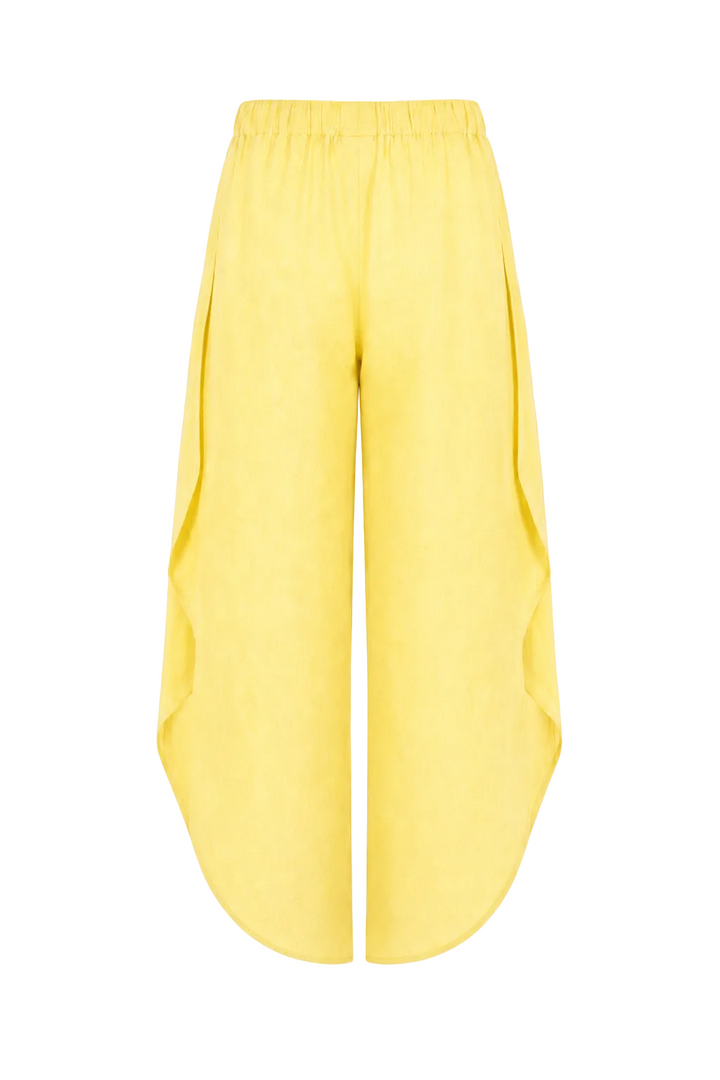100% Linen Yellow wide-leg cropped pants with an elastic waistband, displayed on a clean white background.
