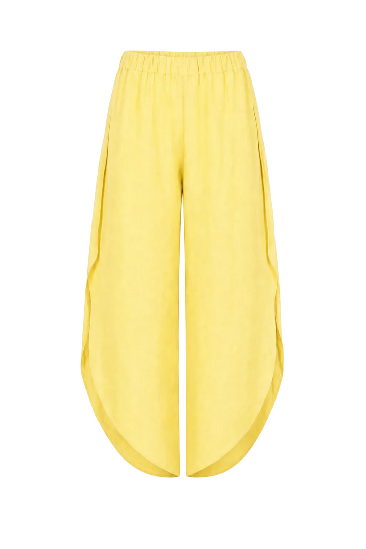 100% Linen Yellow wide-leg cropped pants with an elastic waistband, shown against a plain white background.