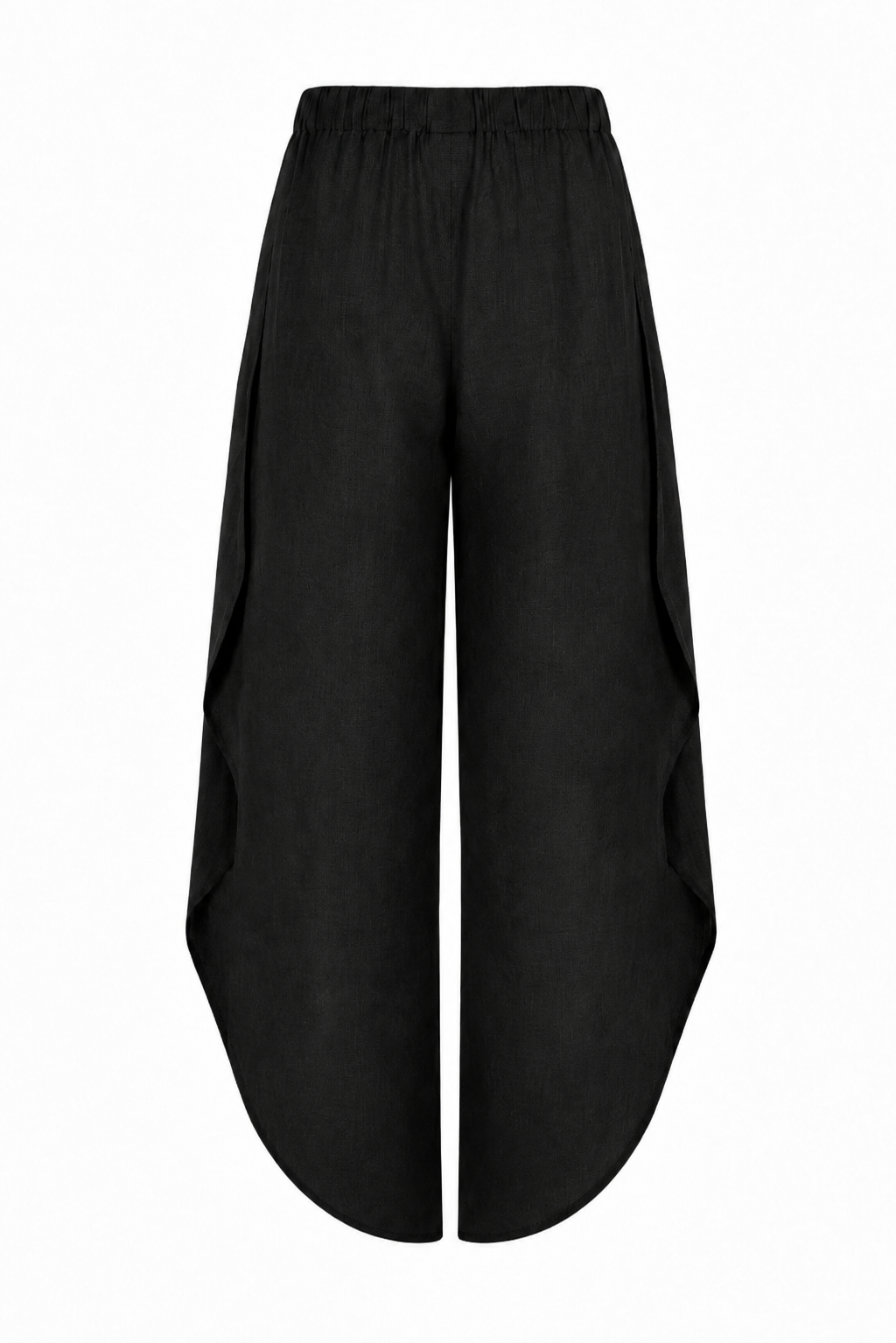 100% Linen Black wide-leg cropped pants with an elastic waistband and side pockets, shown against a plain white background.