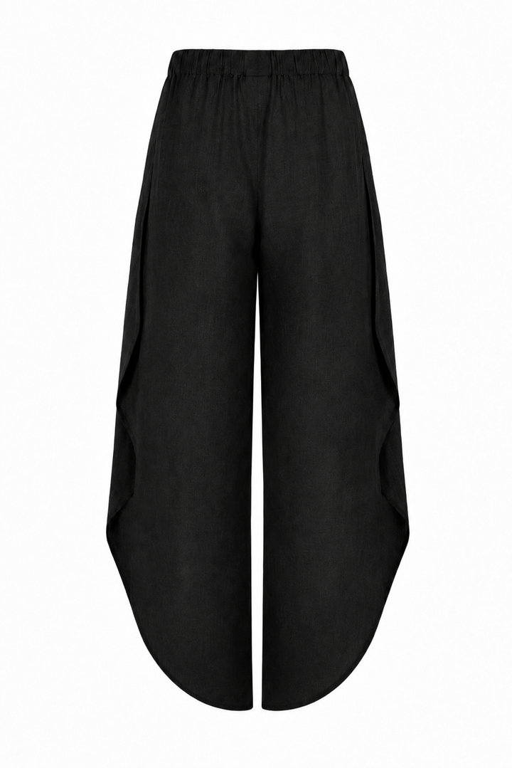 100% Linen Black wide-leg cropped pants with an elastic waistband and side pockets, shown against a plain white background.