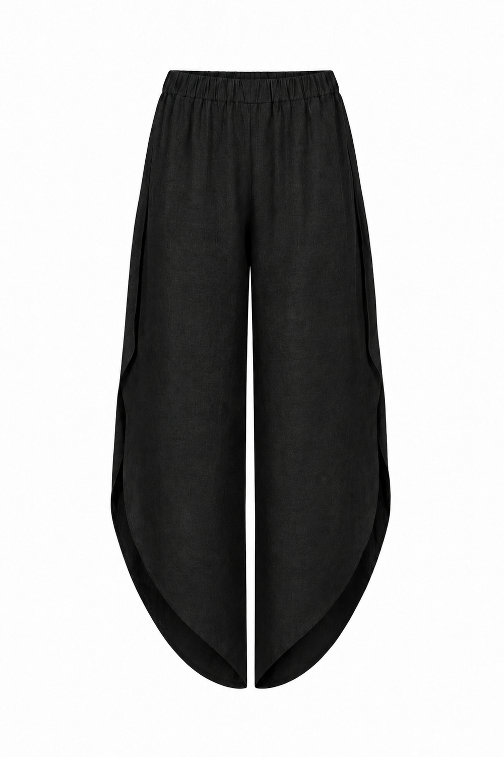 100% Linen Black wide-leg cropped pants with an elastic waistband and side slit details, shown against a plain white background.