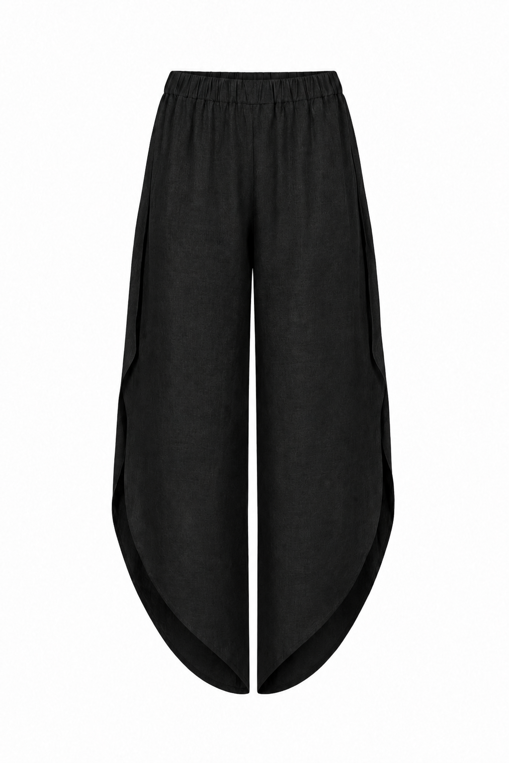 100% Linen Black wide-leg cropped pants with an elastic waistband and side slit details, shown against a plain white background.