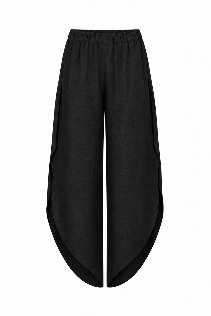 100% Linen Black wide-leg cropped pants with an elastic waistband and side slit details, shown against a plain white background.