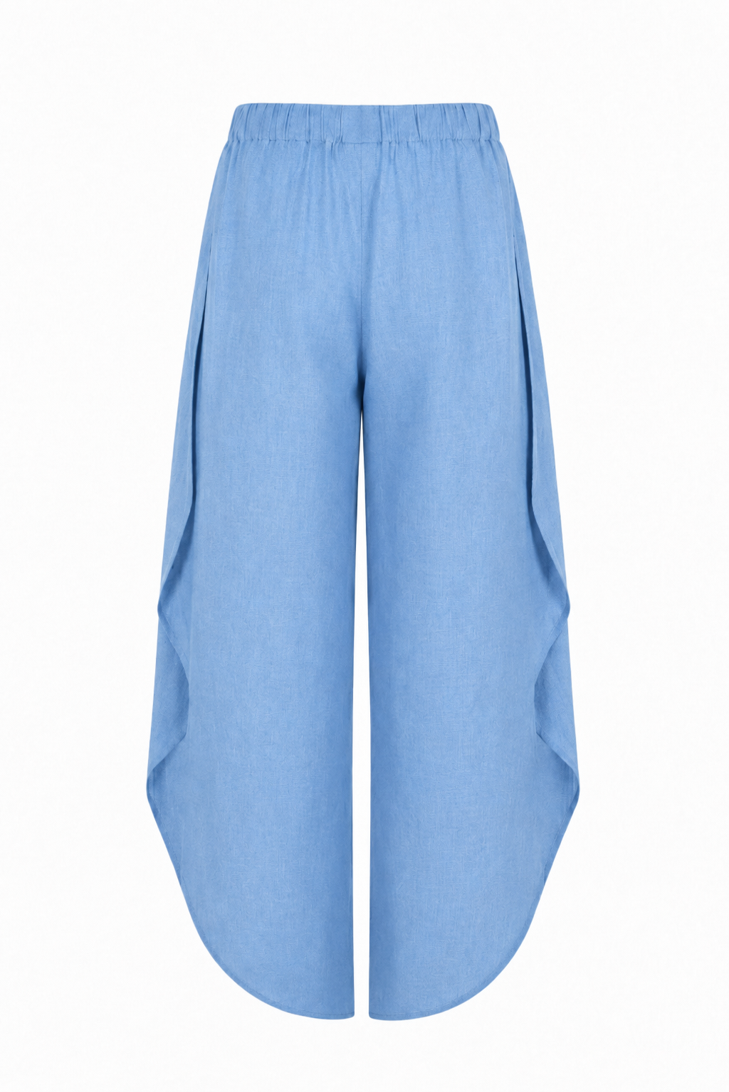 100% Linen Light blue wide-leg cropped pants with an elastic waistband and draped side panels, shown against a plain white background.