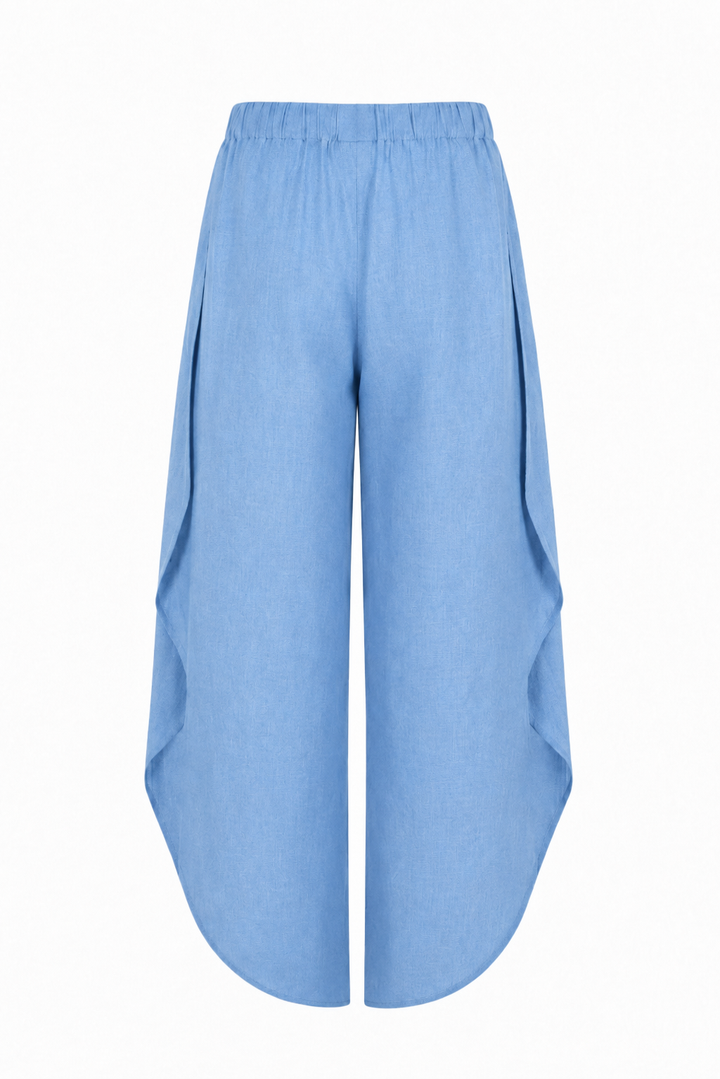 100% Linen Light blue wide-leg cropped pants with an elastic waistband and draped side panels, shown against a plain white background.