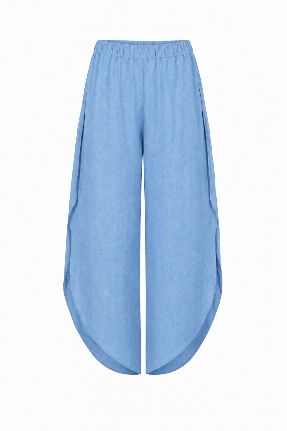 100% Linen Light blue wide-leg cropped pants with an elastic waistband, displayed against a plain white background.