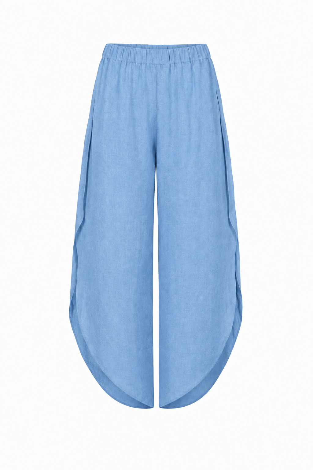 100% Linen Light blue wide-leg cropped pants with an elastic waistband, displayed against a plain white background.