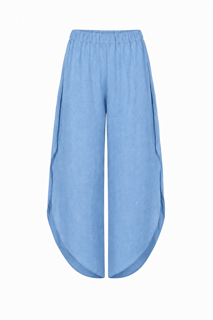 100% Linen Light blue wide-leg cropped pants with an elastic waistband, displayed against a plain white background.
