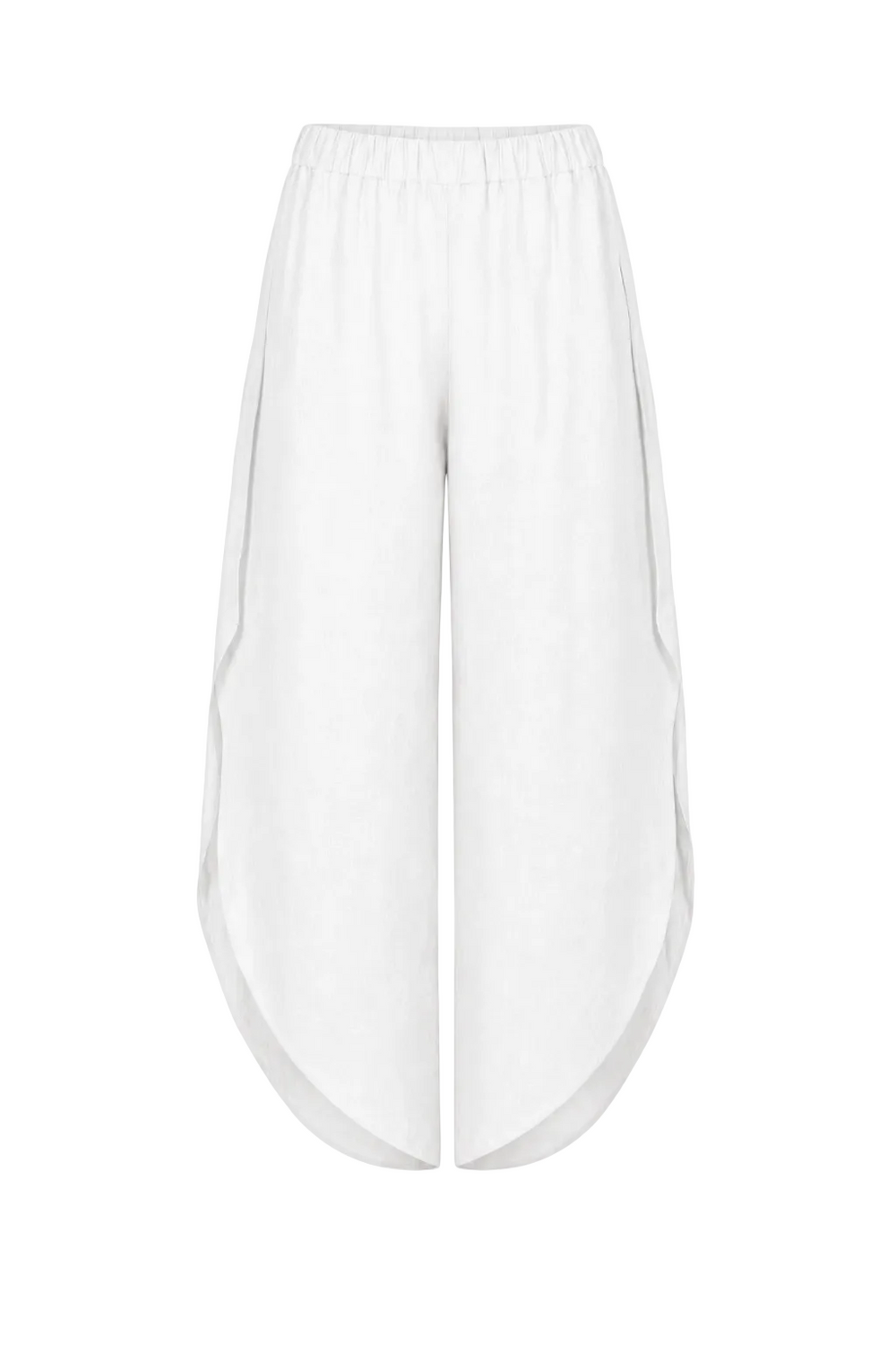 White 100% linen wide-leg cropped pants with an elastic waistband and side slits, shown against a plain white background.