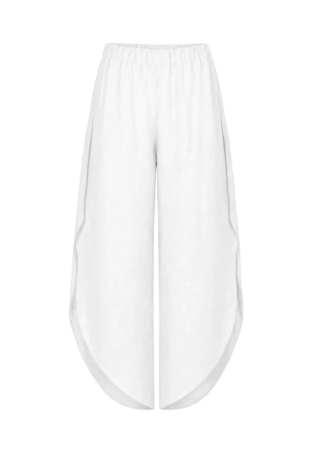 White 100% linen wide-leg cropped pants with an elastic waistband and side slits, shown against a plain white background.