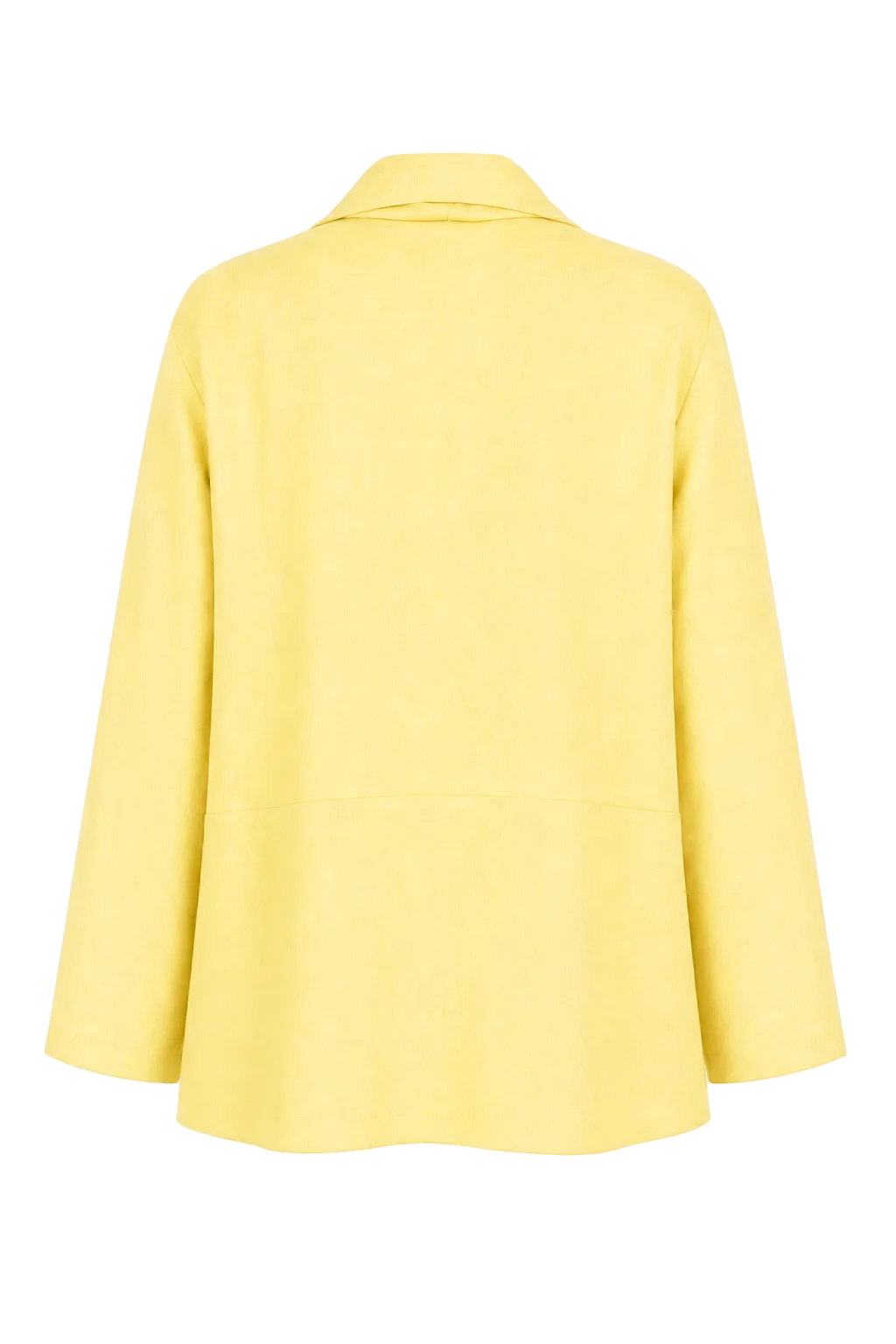A light yellow 100% linen blazer shown from the back, featuring a classic collar and long sleeves, photographed against a clean white background.