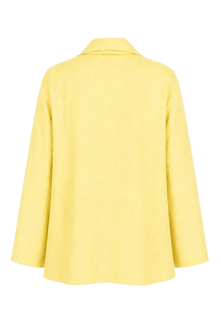 A light yellow 100% linen blazer shown from the back, featuring a classic collar and long sleeves, photographed against a clean white background.