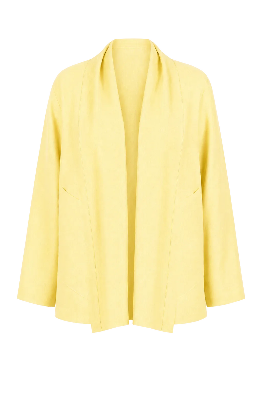 A 100% linen pale yellow open-front cardigan jacket with long sleeves, displayed on a clean white background.